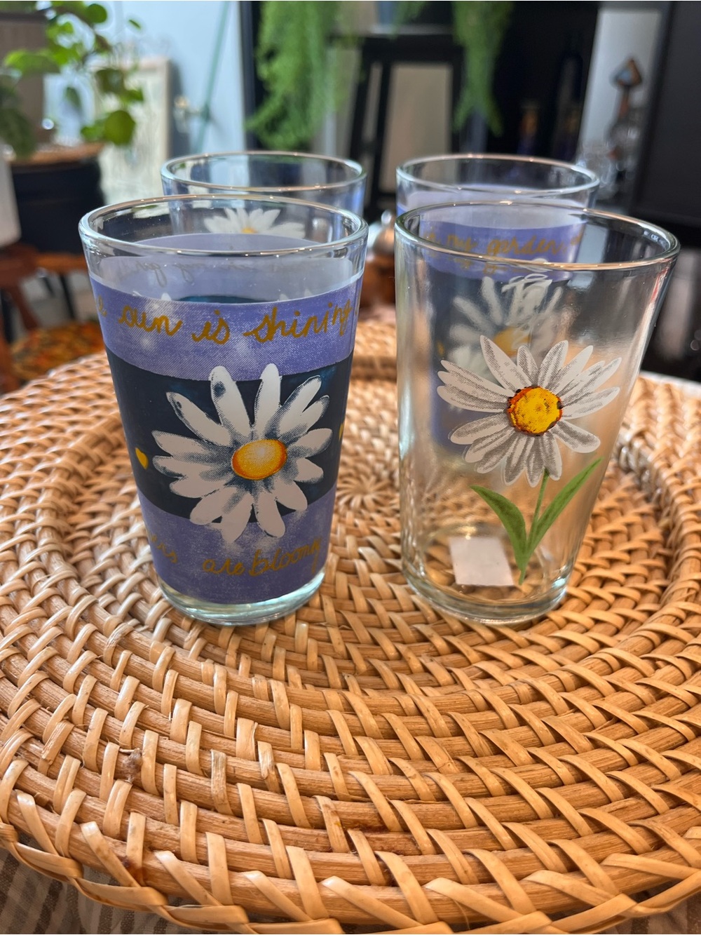 Glasses small Daisy primted Blue yellow & White Floral Set of 4